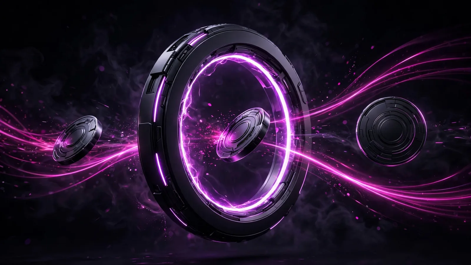 Coins passing through a glowing violet payment gateway ring