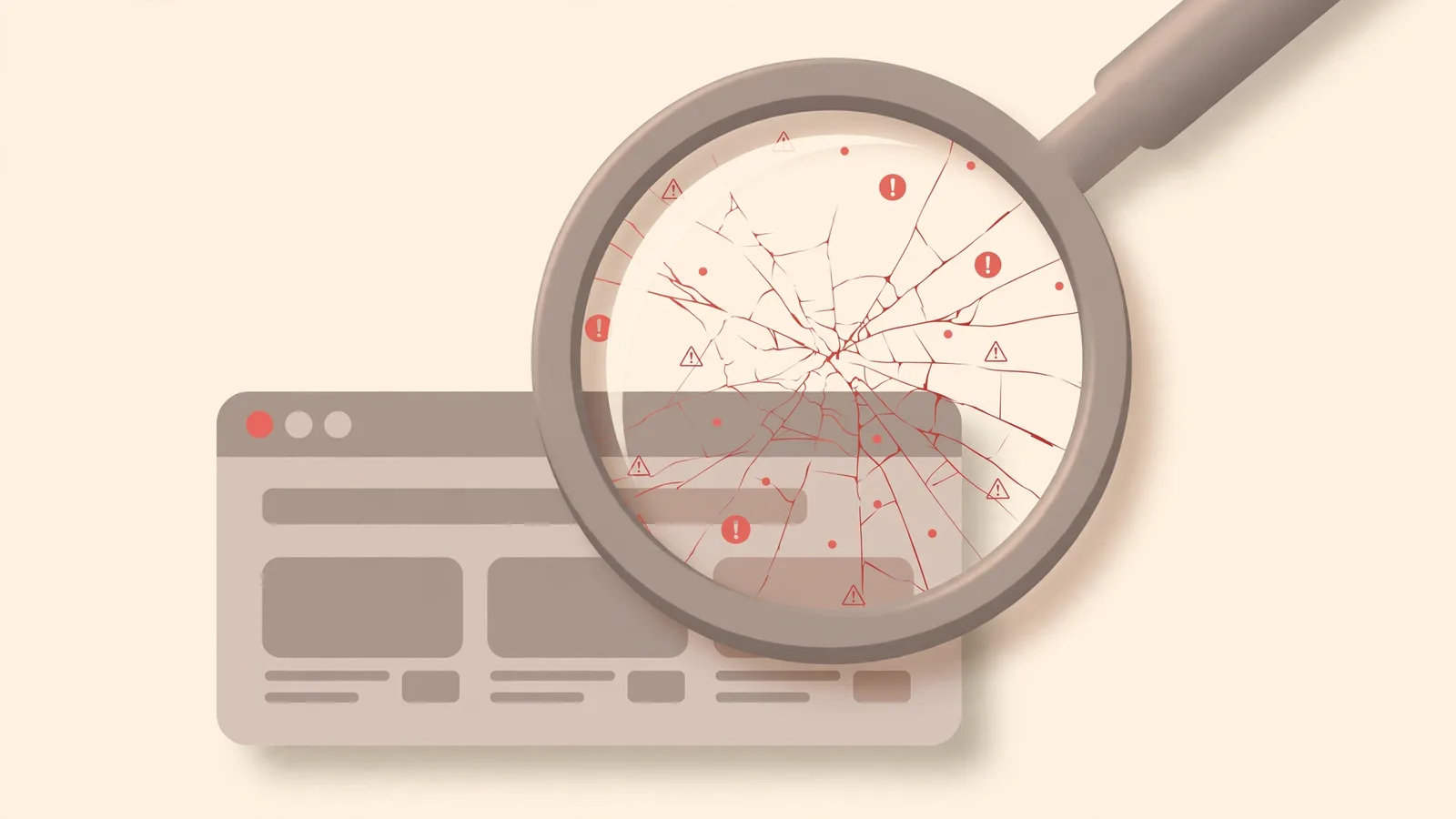 Magnifying glass revealing cracks and flaws on a website window