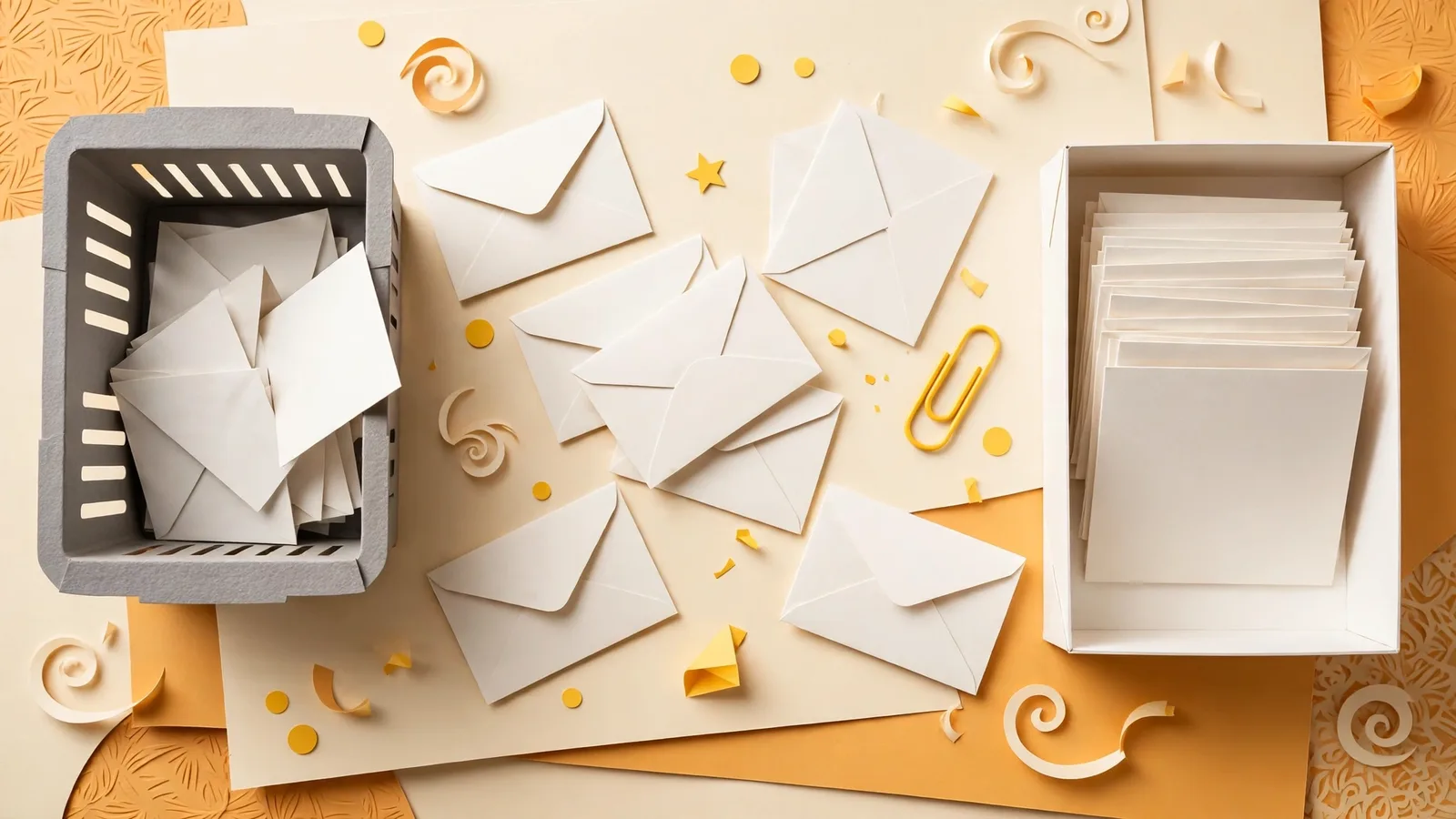 Envelopes being sorted between a spam bin and an inbox tray