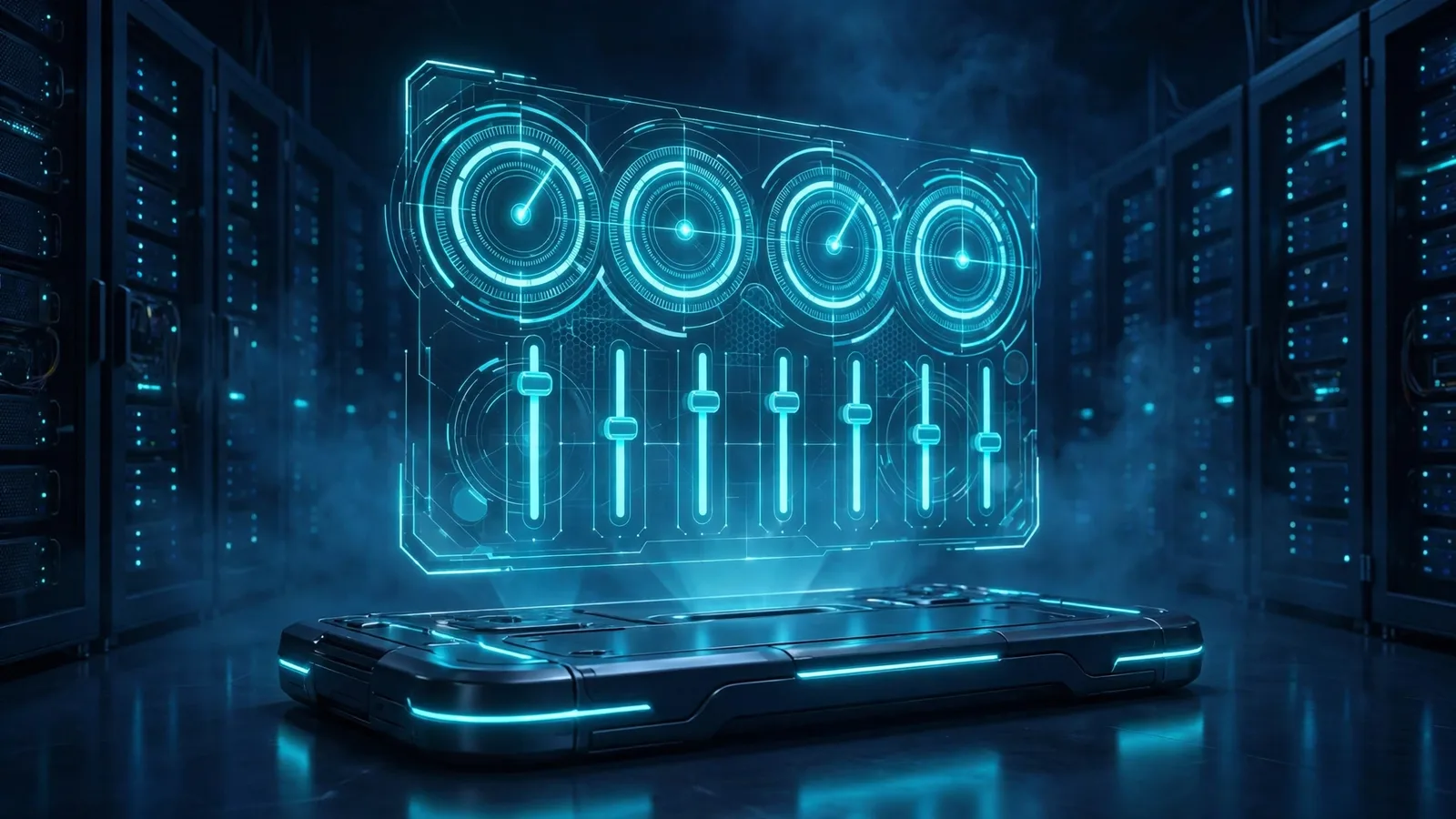 Glowing settings panel with dials and sliders in a dark server room