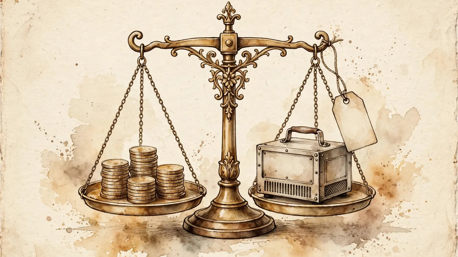 Vintage balance scale weighing coin stacks against platform costs