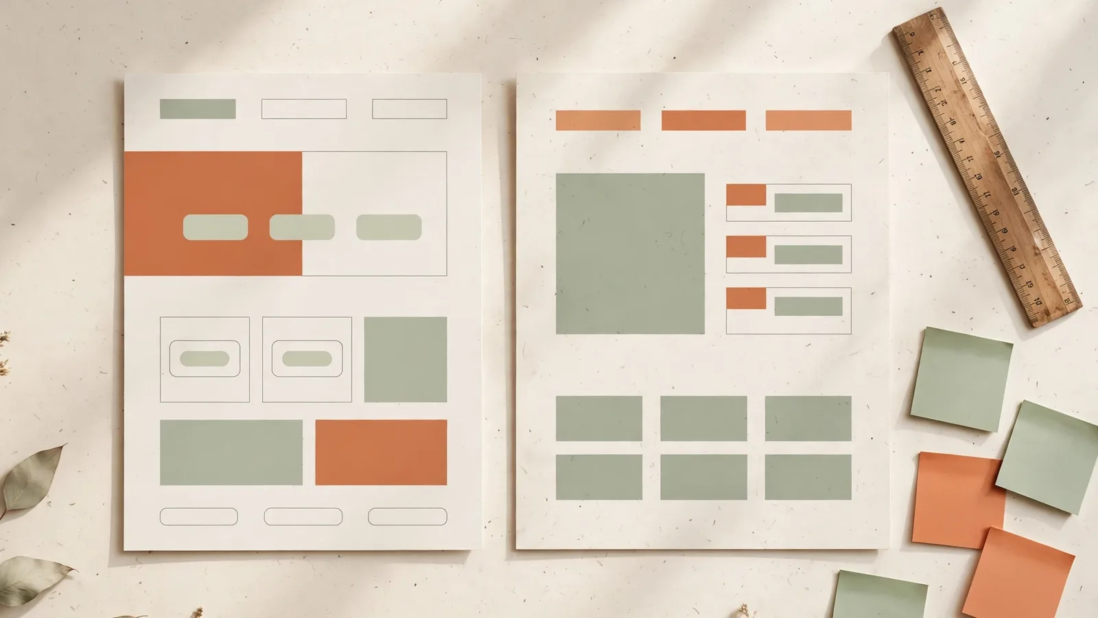 Two printed website layout cards compared side by side on a desk