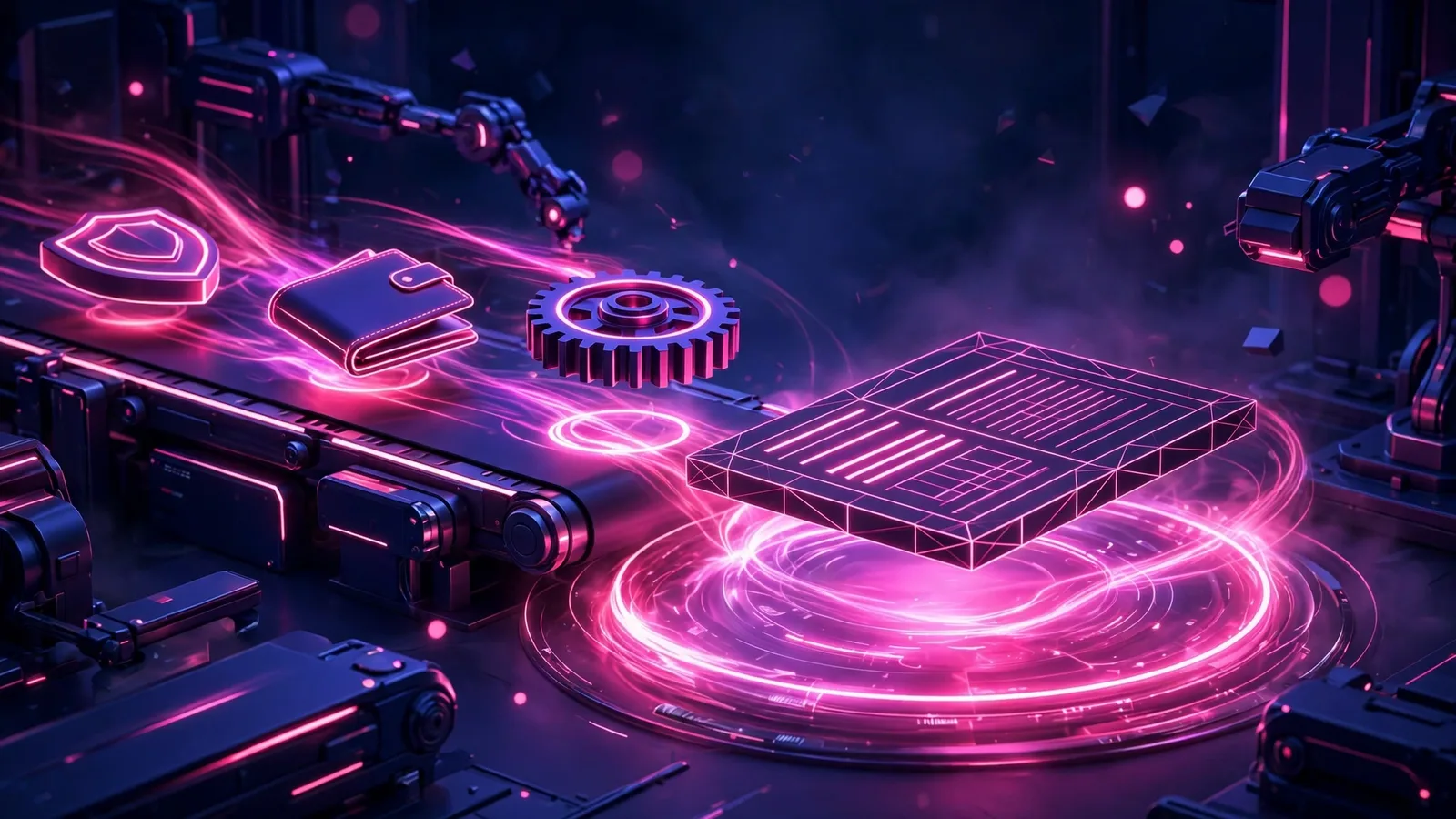 Website components being assembled step by step on a glowing platform
