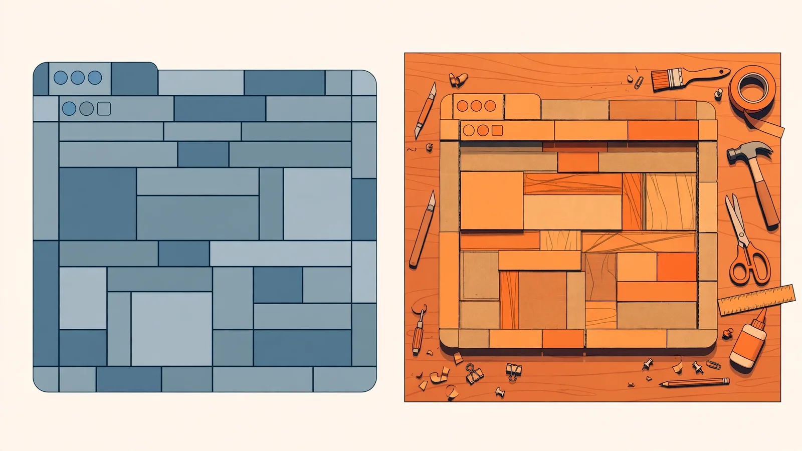 Two website windows compared: ready-made blocks versus a hand-crafted build
