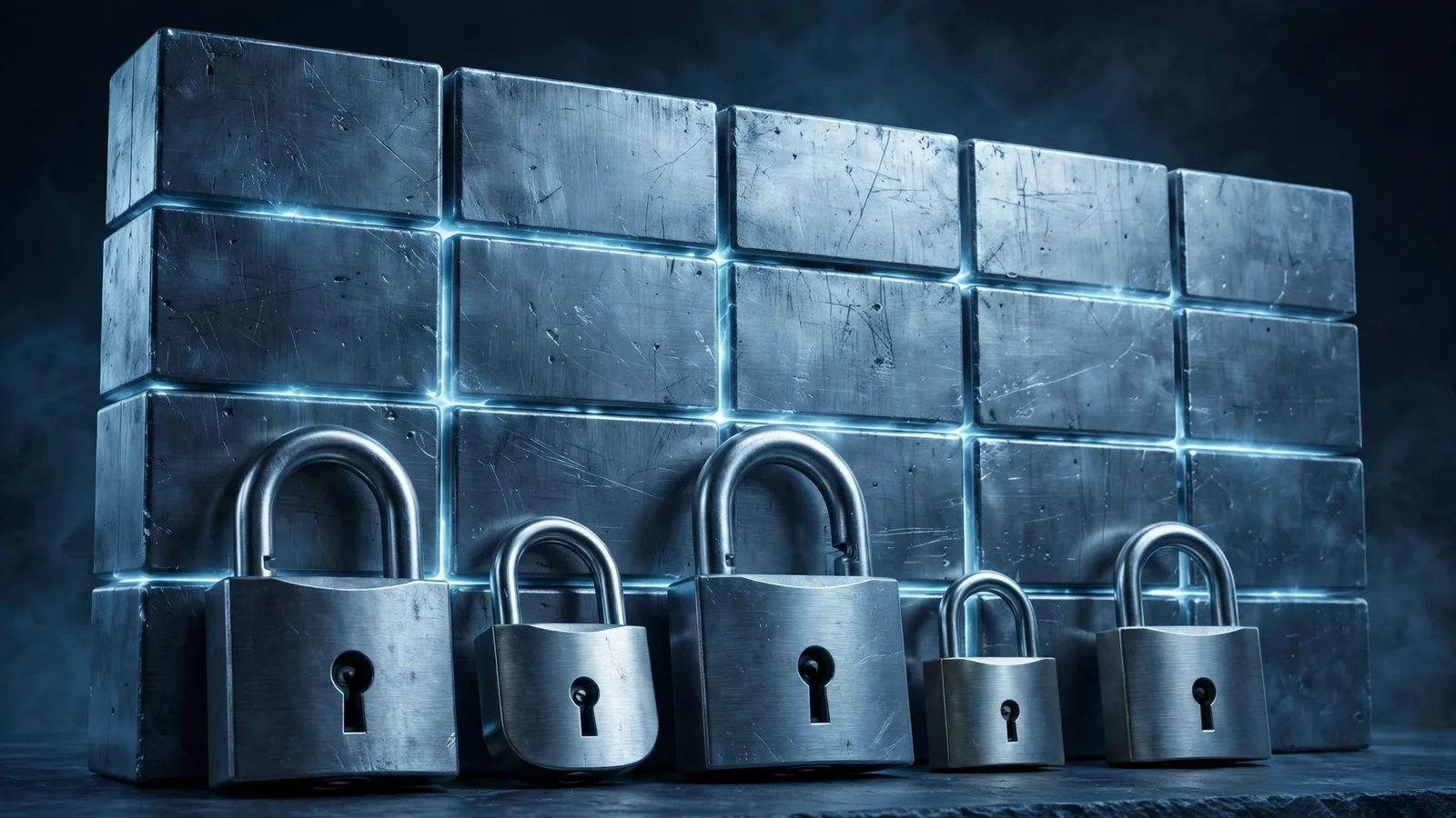 Metallic padlocks standing guard in front of a steel security wall