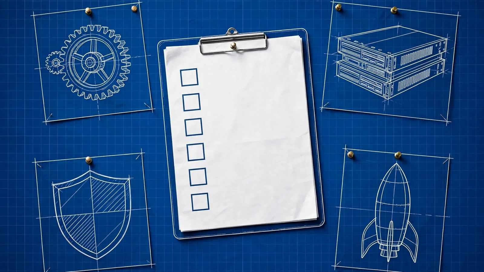 Blueprint launch checklist board with component sketches pinned around it