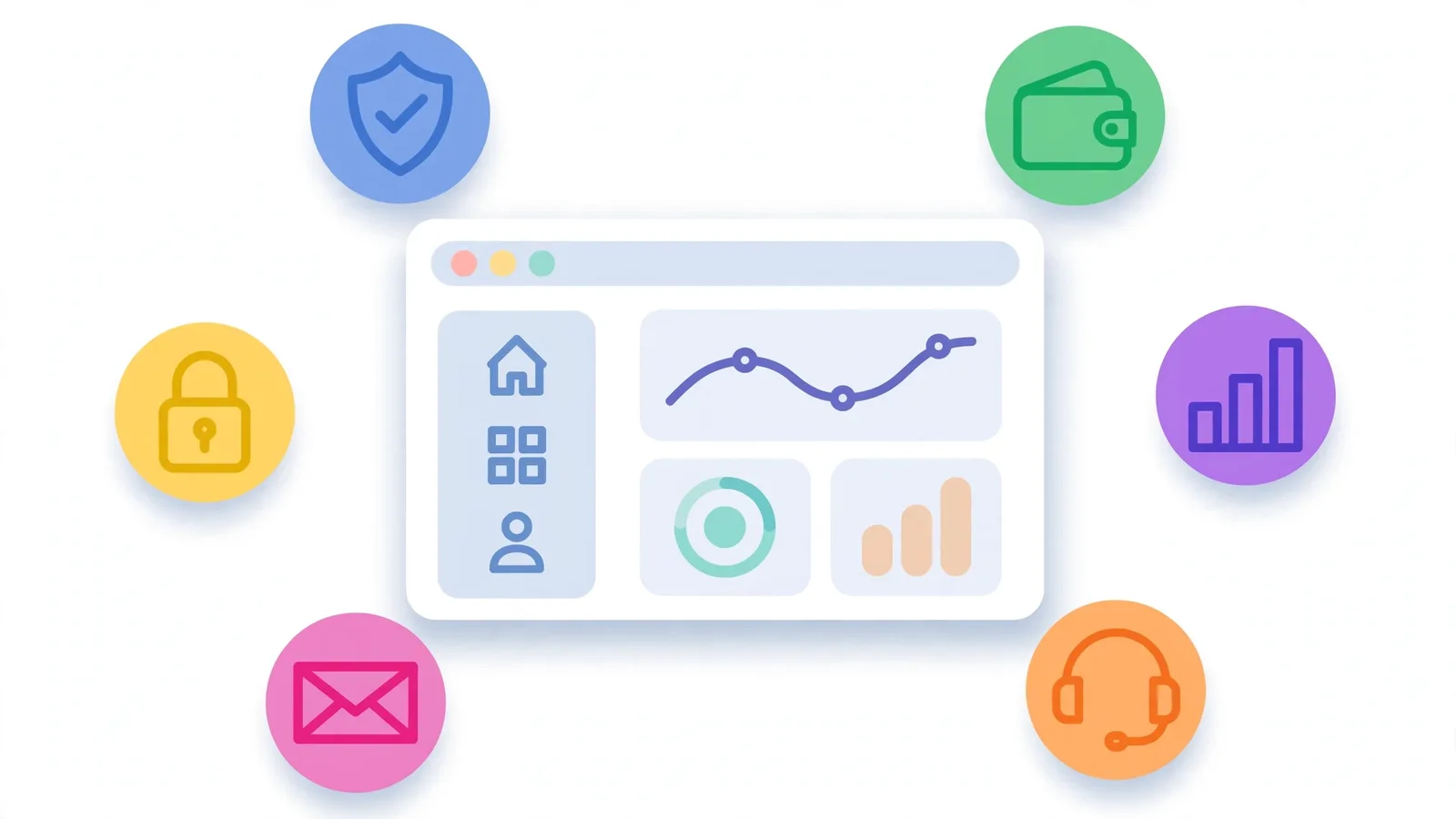Website dashboard surrounded by colorful feature icons
