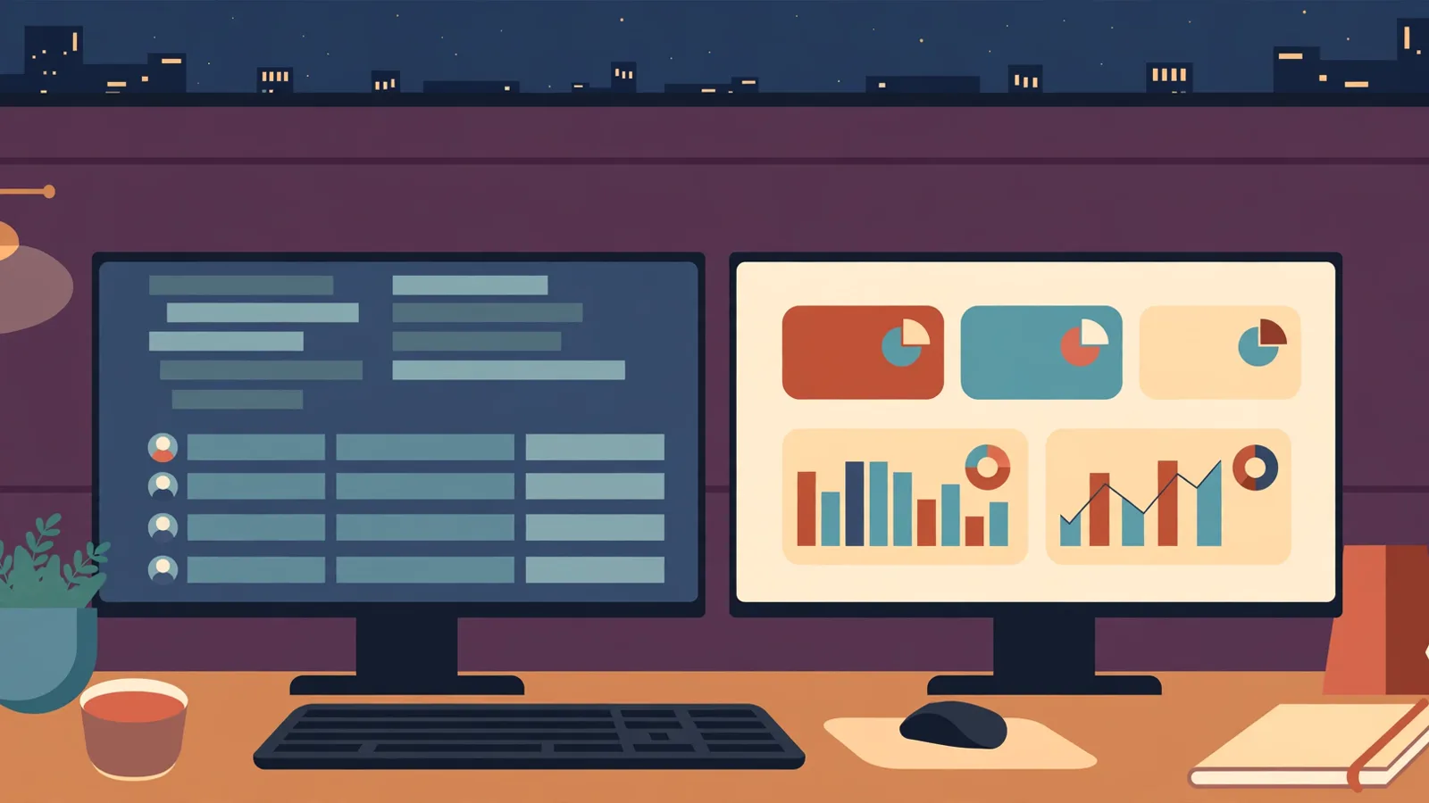 Two monitors side by side, one showing plain account rows and one showing a designed dashboard